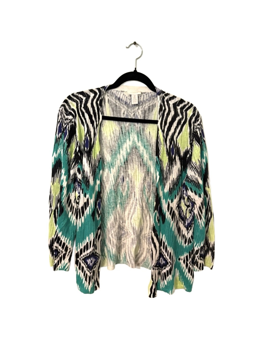 Chico's Open-Front Ikat Print Cardigan - Teal/Black/White/Chartreuse